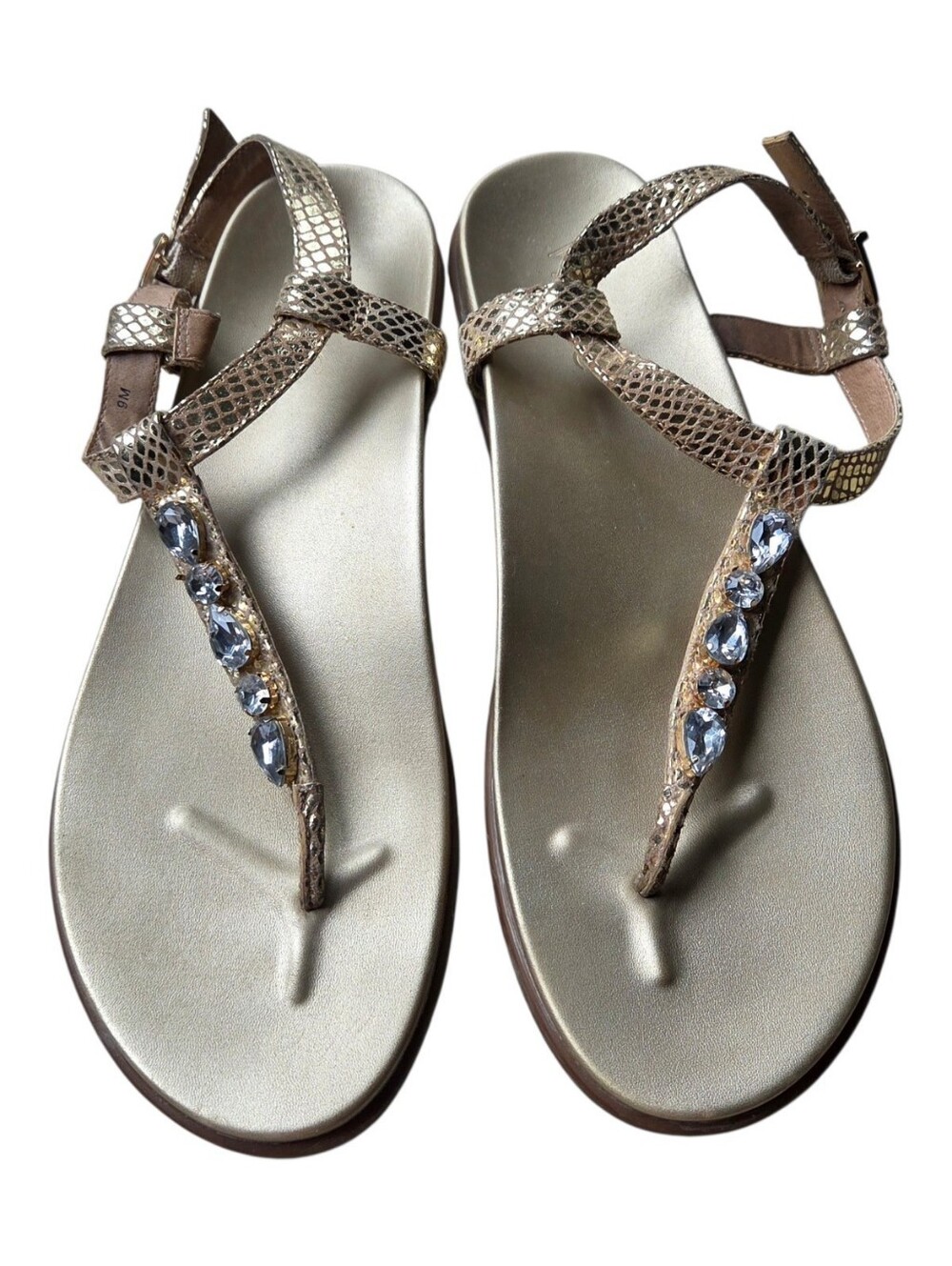 VIONIC Palm Boca Gold Bling Boho Leather T-Strap Snakeskin Sandals Size 9